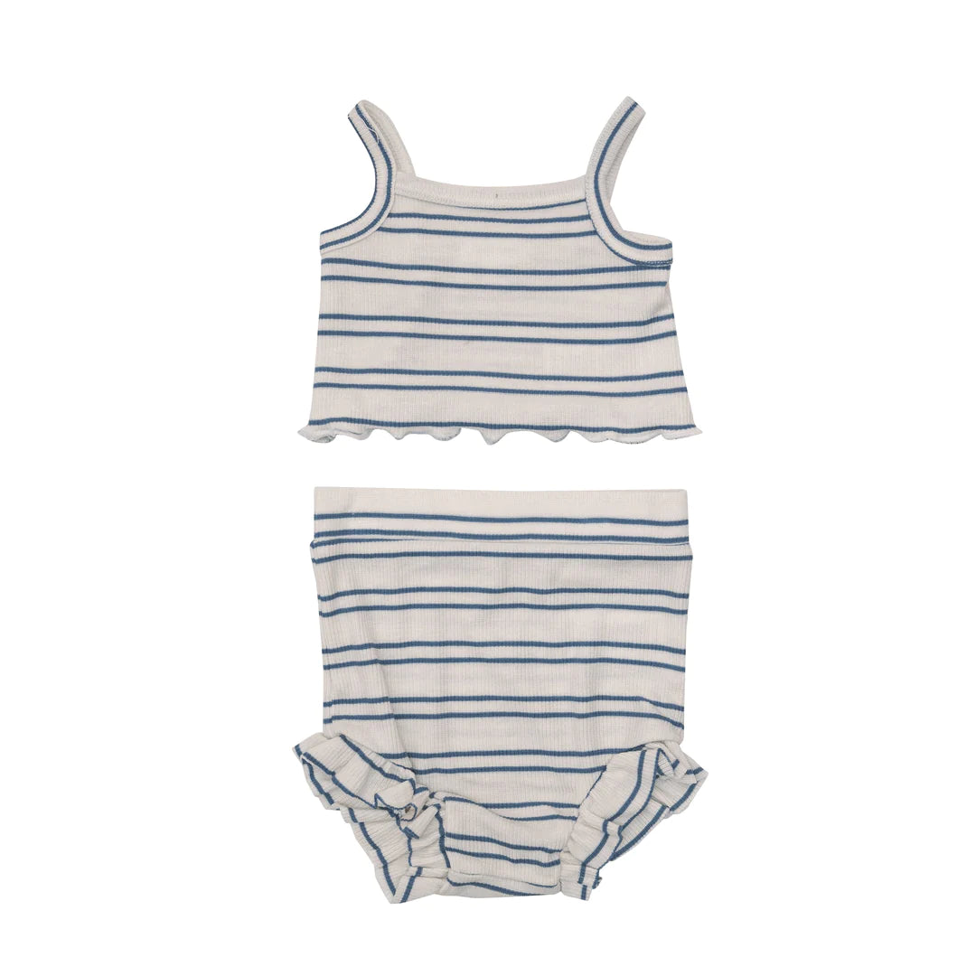 Crop Top & High Waisted Short - Blue Rib Stripe