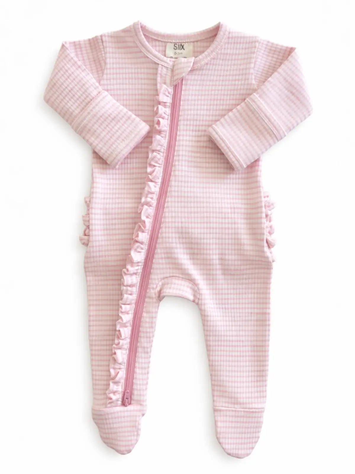 Ribbed Frill 2-Way Zip Footie -  Pink Stripe