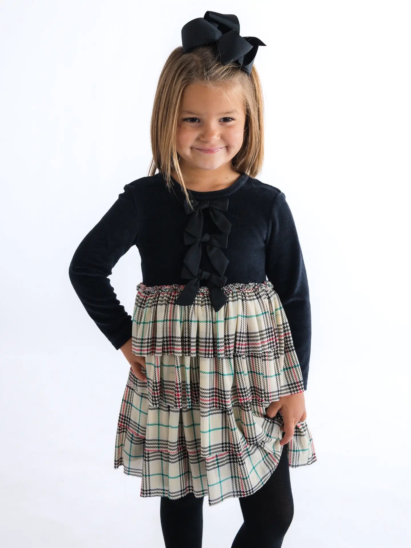 Tannen Plaid Velour & Tulle Long Sleeve Twirl Dress