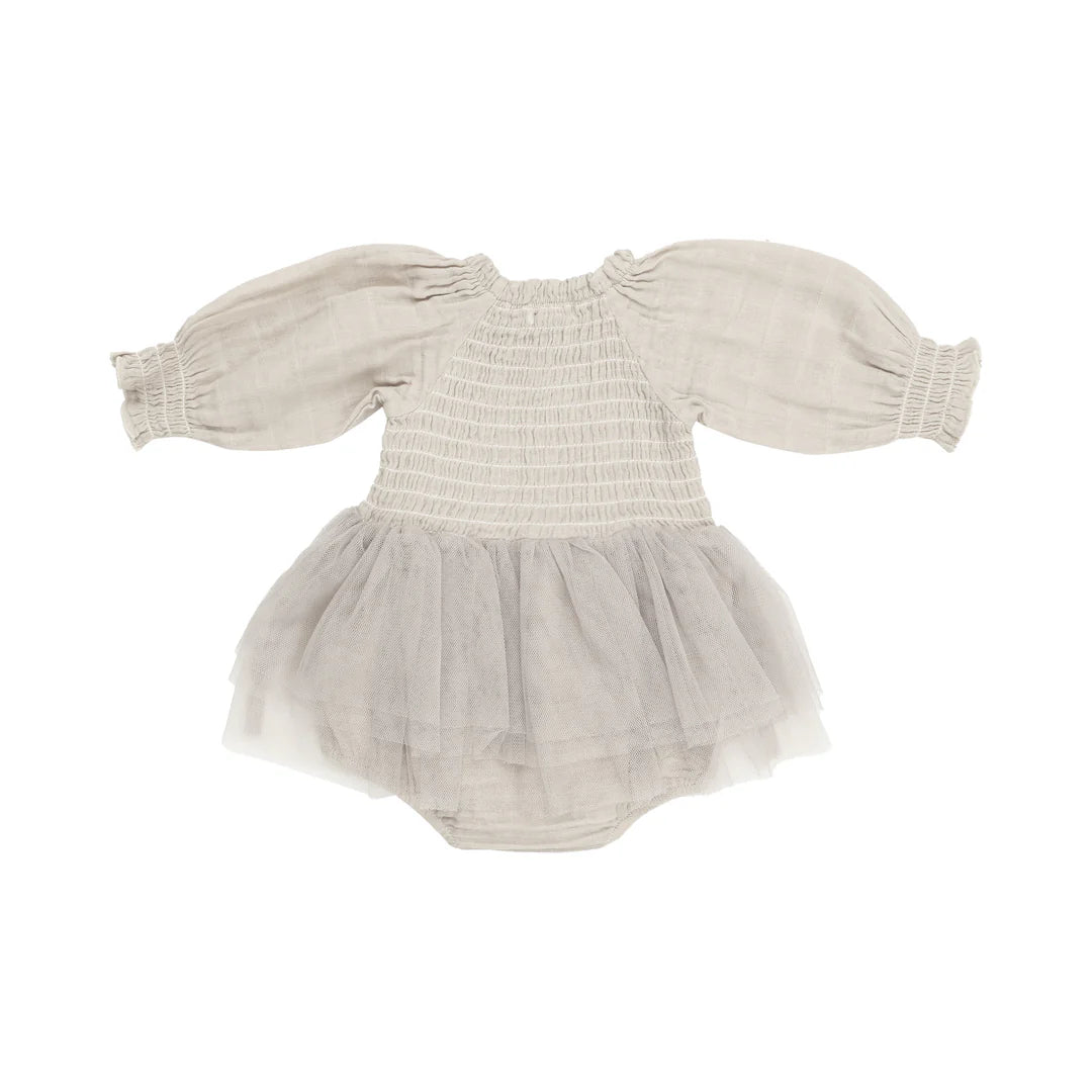 Long Sleeve Smocked Tutu Bubble - Oatmeal