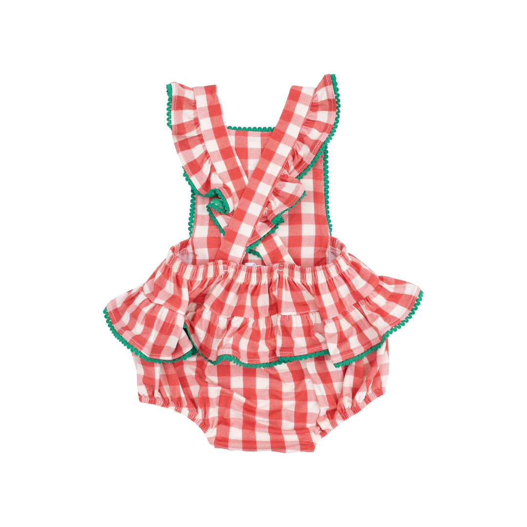 Strawberry Gingham Ric-Rac Ruffle Sunsuit