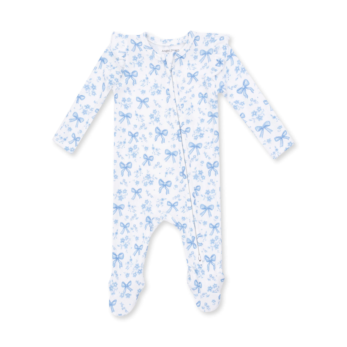 2 Way Ruffle Sleeve Zipper Footie - Blue Bows and Flowers