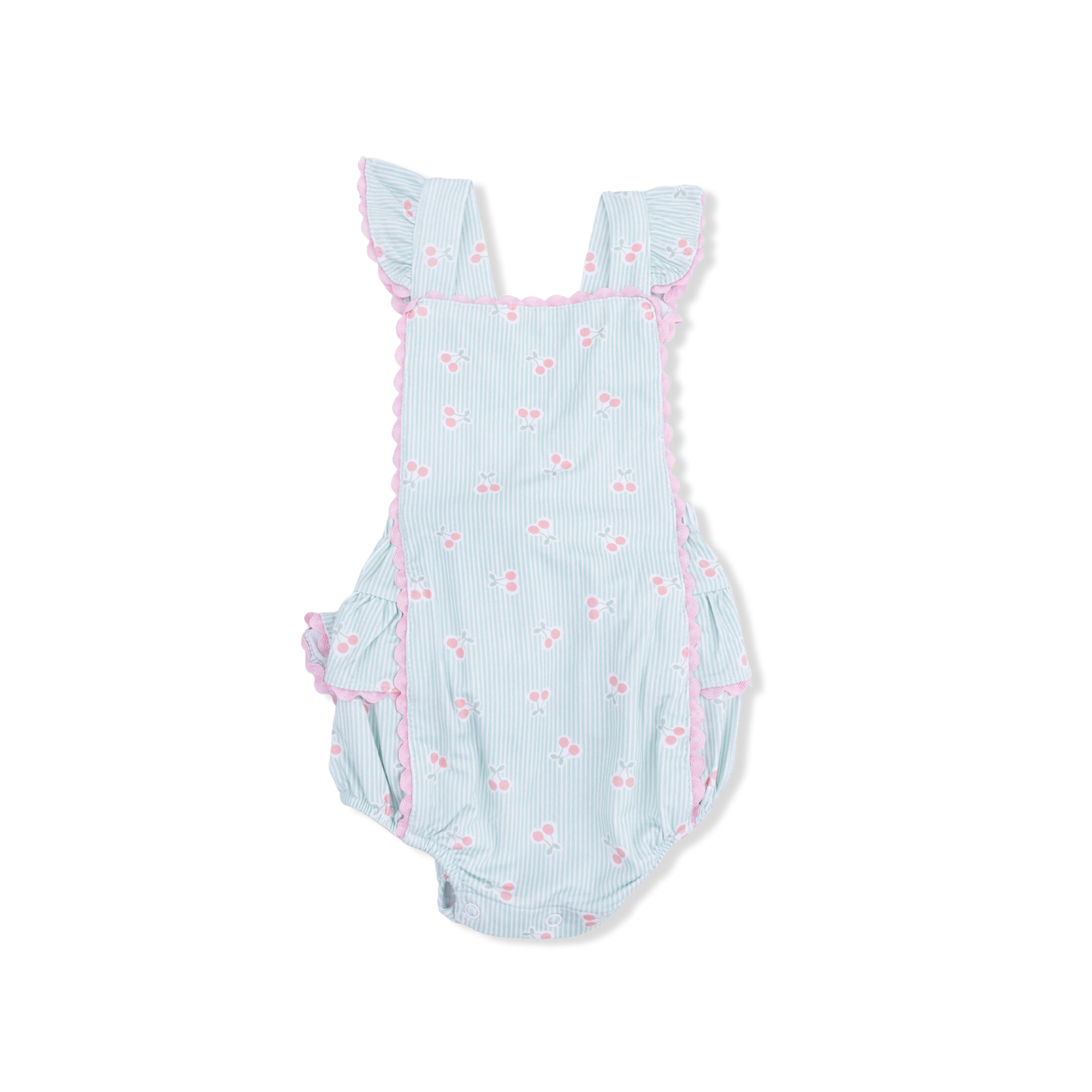 Tiny Cherry Stripe Ric Rac Ruffle Sunsuit