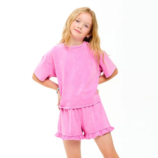 Mineral Washed Top and Shorts Set - Pink