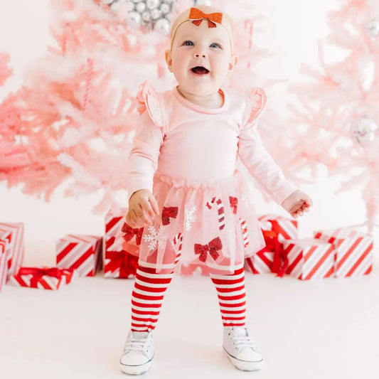 Long Sleeve Tutu Bodysuit - Candy Cane Cutie Christmas