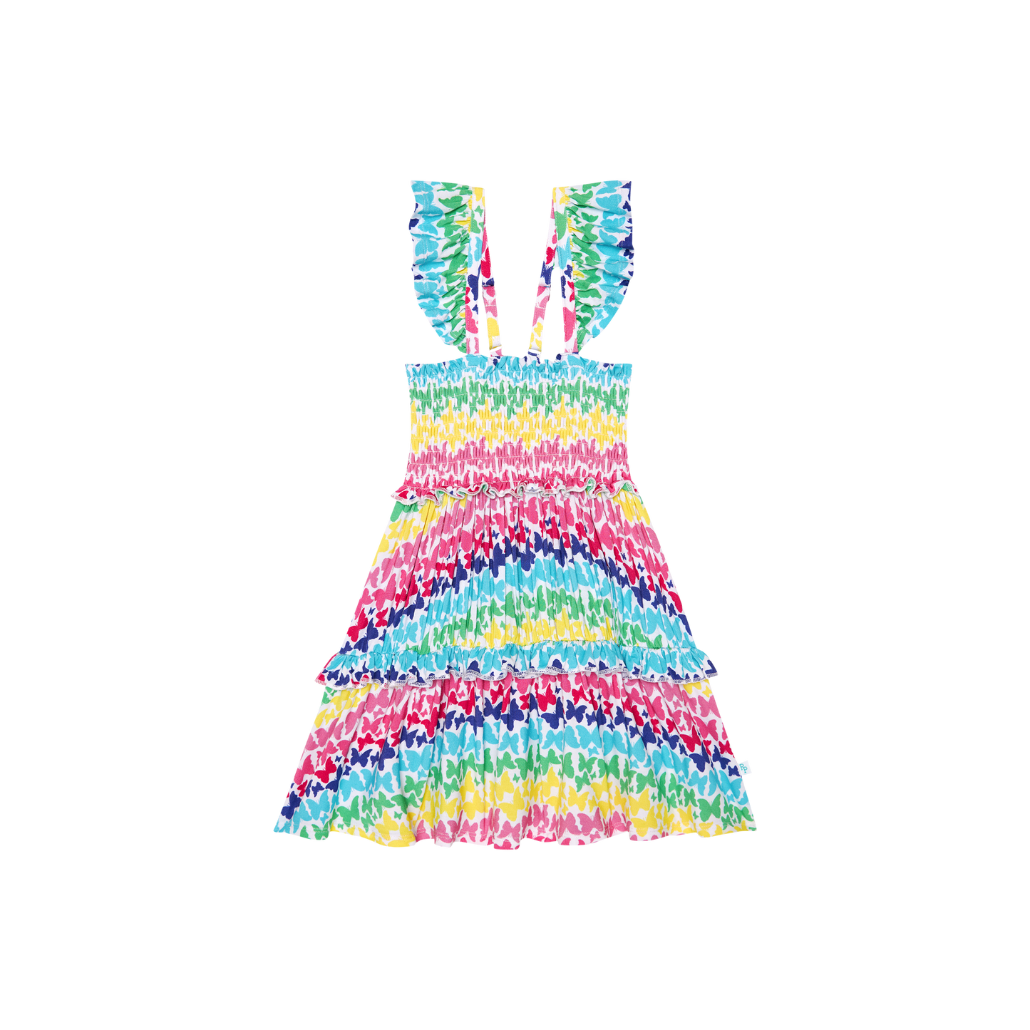 Smocked Flutter Sleeve Babydoll Dress - Rainbow Butterfly