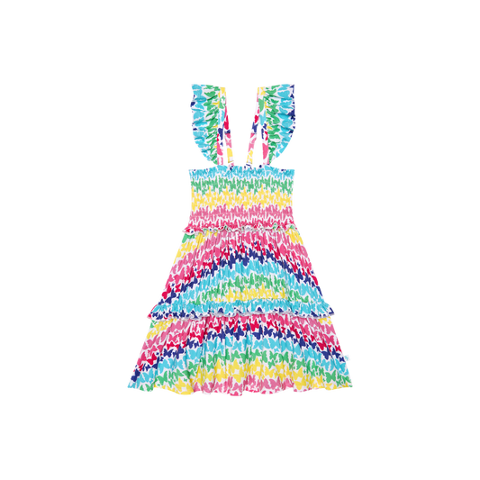 Smocked Flutter Sleeve Babydoll Dress - Rainbow Butterfly