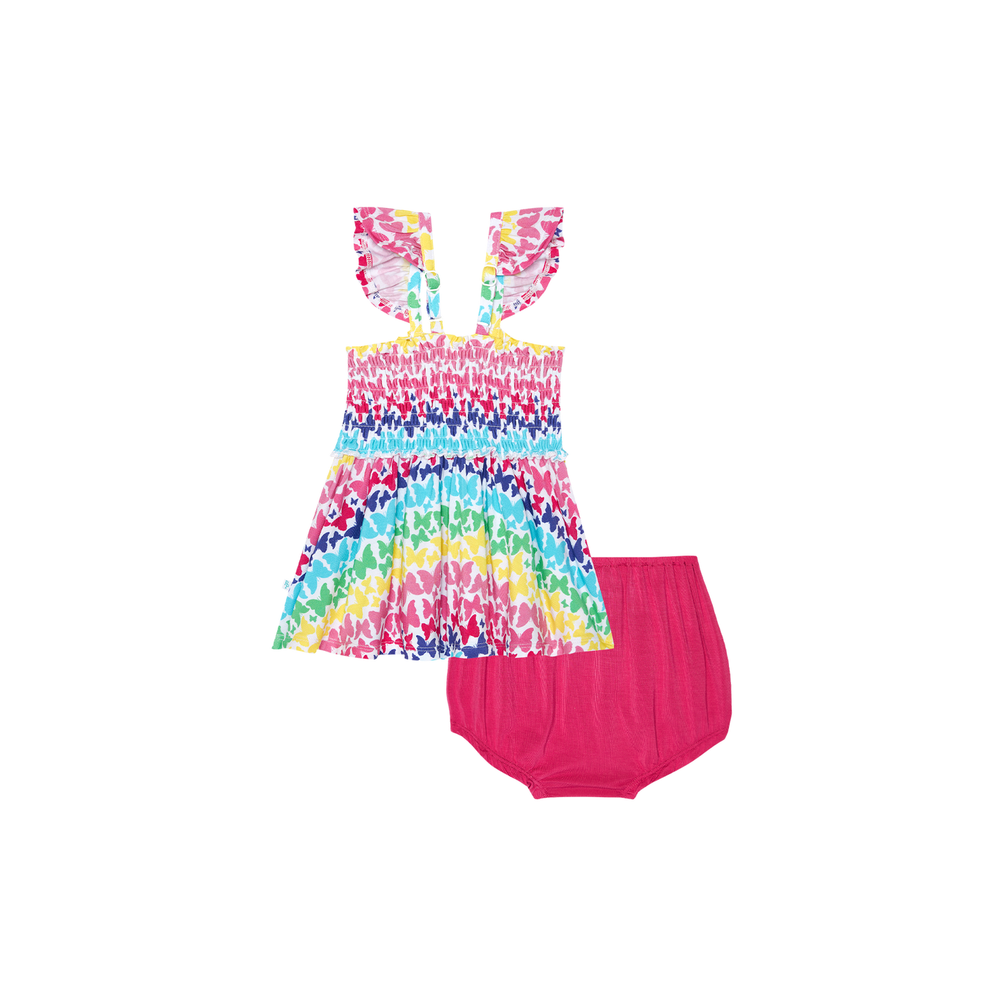 Smocked Flutter Sleeve Babydoll & Bloomer Set- Rainbow Butterfly