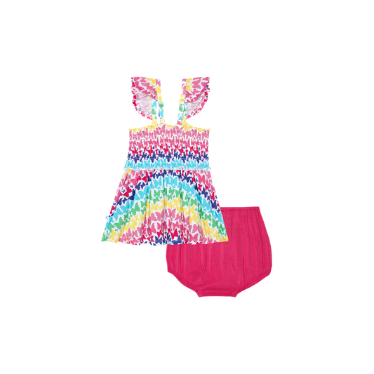 Smocked Flutter Sleeve Babydoll & Bloomer Set- Rainbow Butterfly