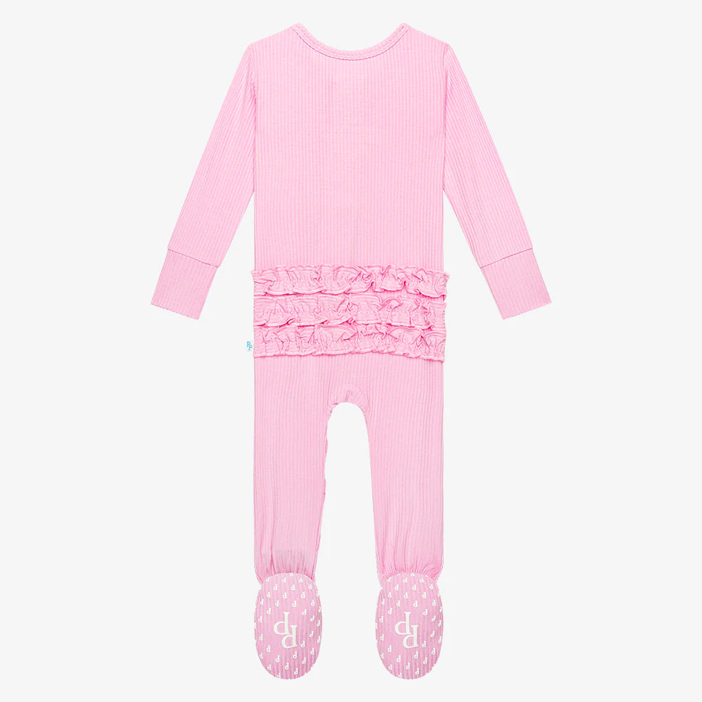 Solid Ribbed Ruffled Zippered Footie - Posh Pink