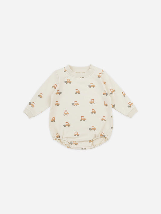 crewneck bubble romper || tractors