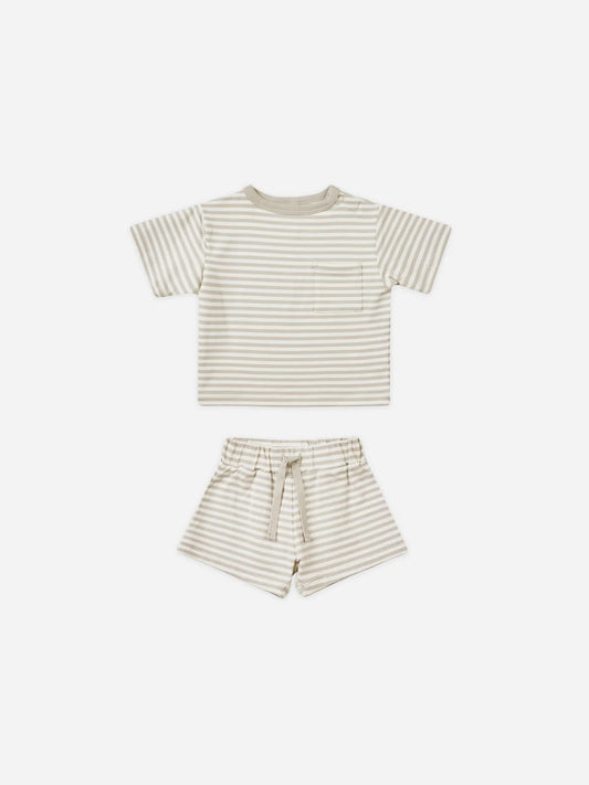 boxy pocket tee + short set || ash stripe