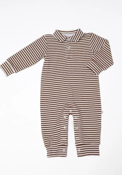 Sweatshirt Polo Romper -Chocolate Stripes