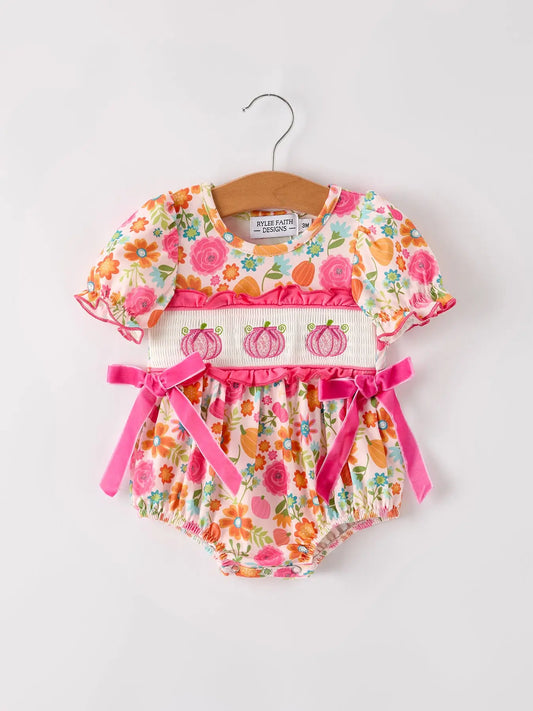 Pumpkin Embroidery Smock Floral Romper