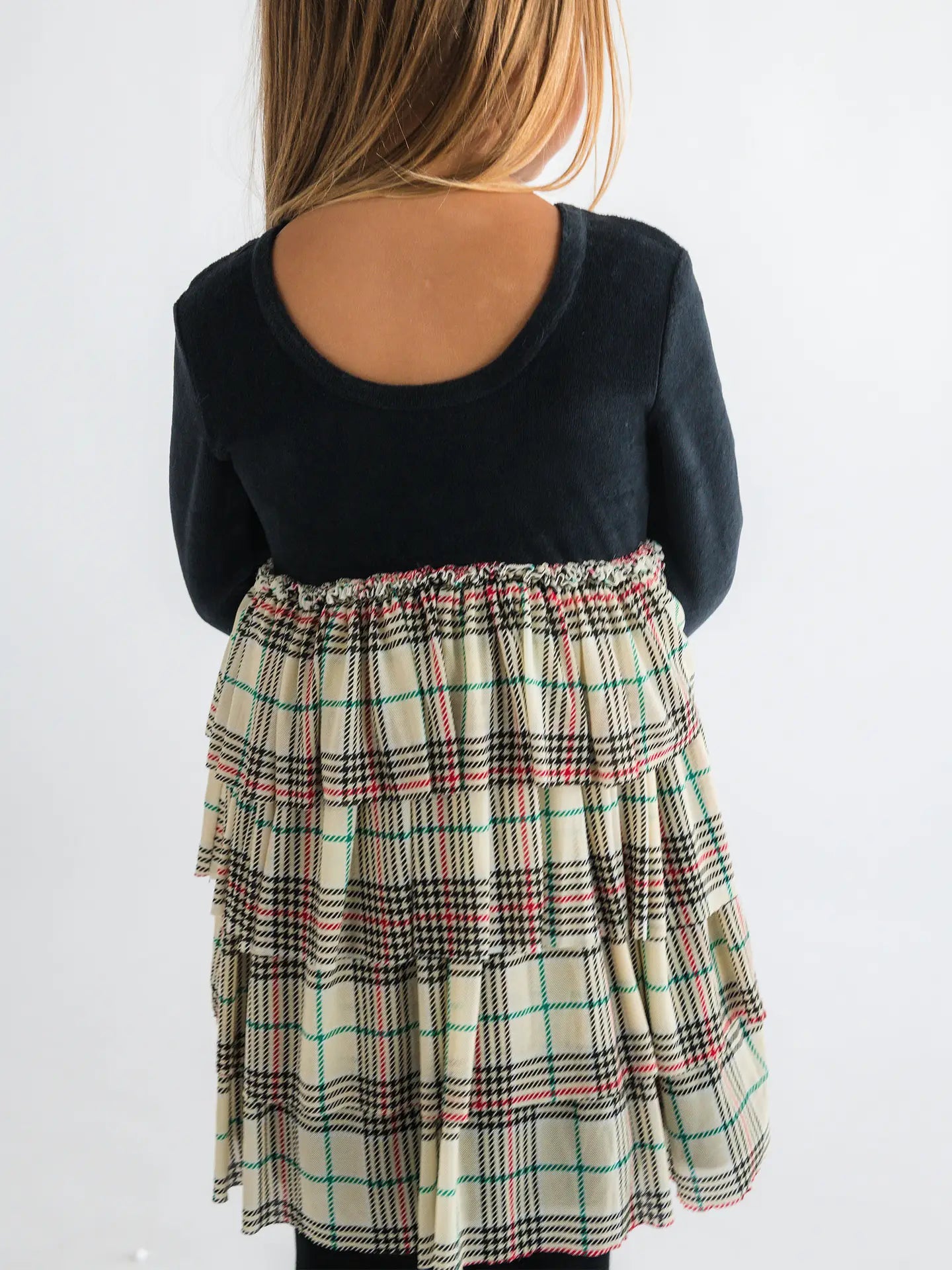 Tannen Plaid Velour & Tulle Long Sleeve Twirl Dress