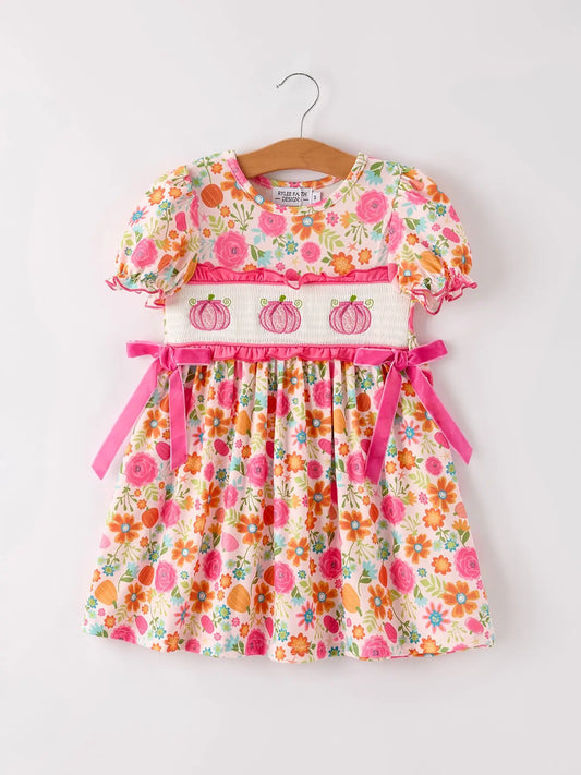 Pumpkin Embroidery Smock Floral Dress