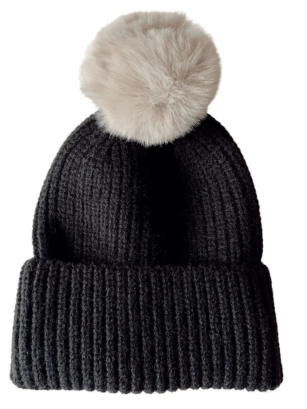 Rib Knit Fur Pom Hat - Obsidian