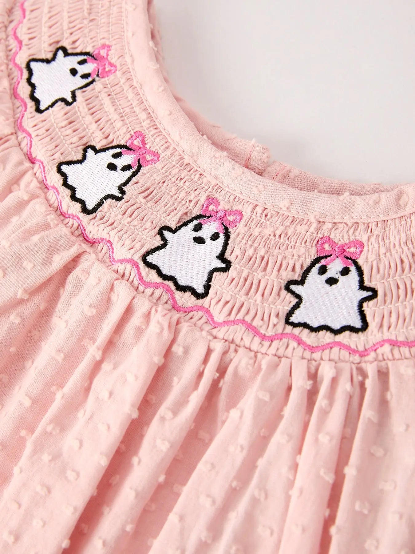 Halloween Light Pink Ghost Embroidery Smock Dress