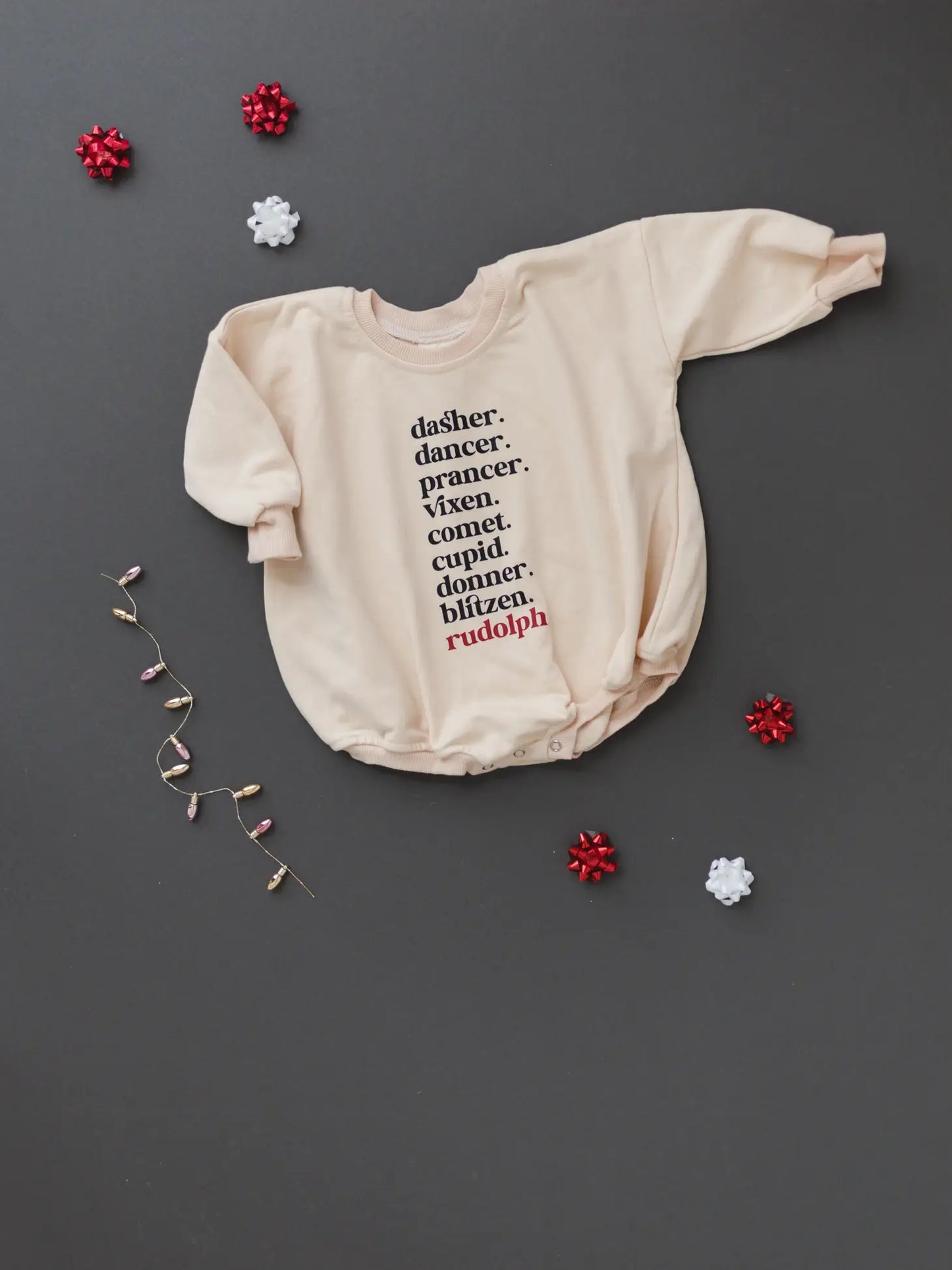 Reindeer Names Oversized Sweatshirt Romper - Cream