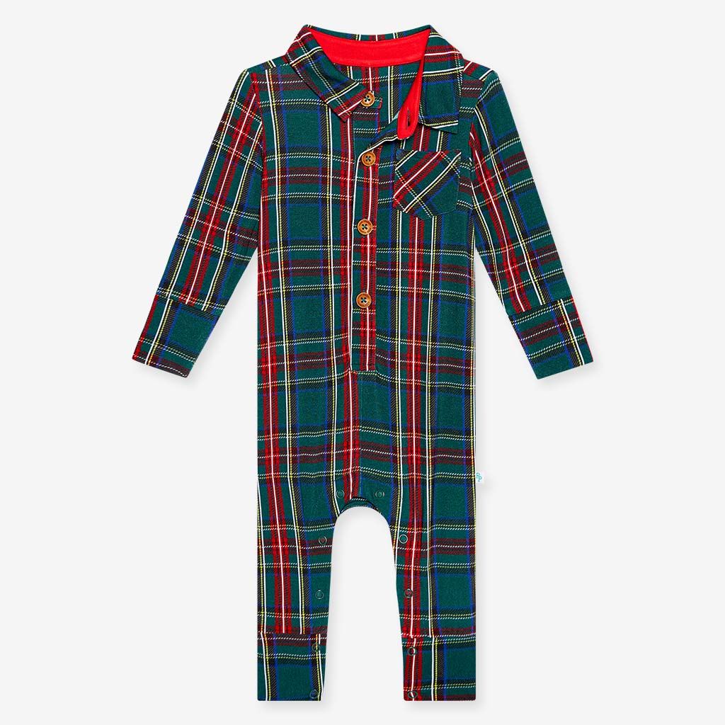 Long Sleeve Collared Henley Long Romper - Tartan Plaid