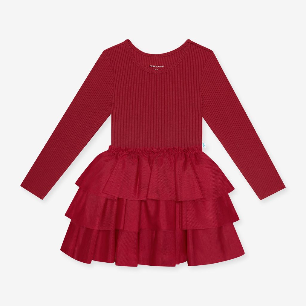 Long Sleeve Tulle Dress  - Dark Red Rib