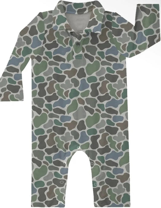 Long Sleeve Polo Romper -Pebble Camo