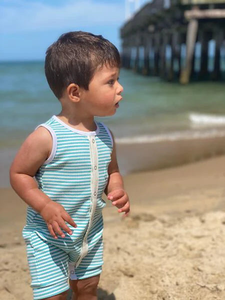 Pablo- Aqua/White Ribbed Playsuit