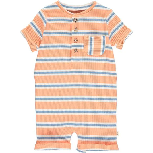 Camborne - Peach/Blue Ribbed Henley Romper