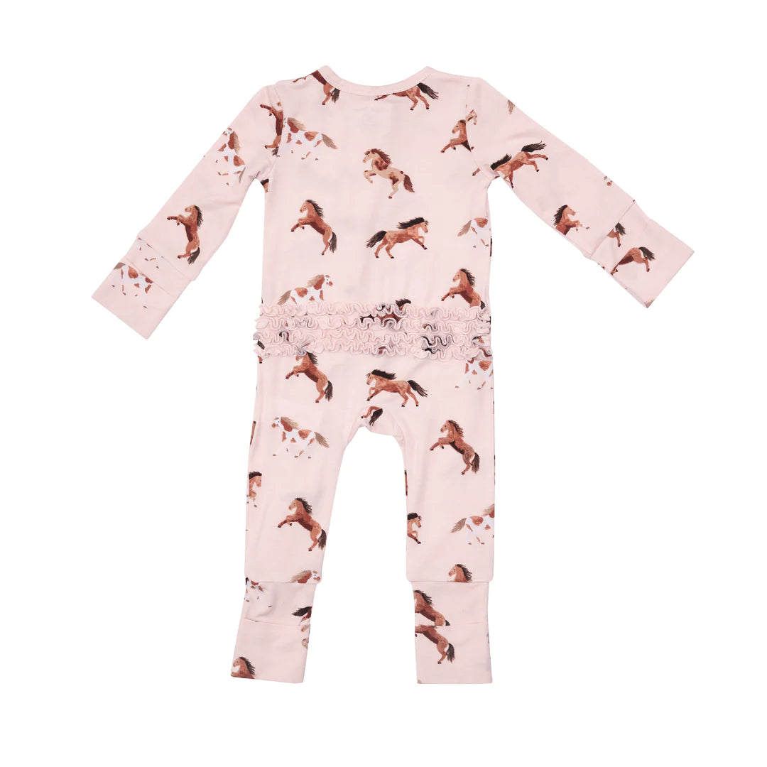 2 Way Ruffle Zipper Romper - Pink Horses