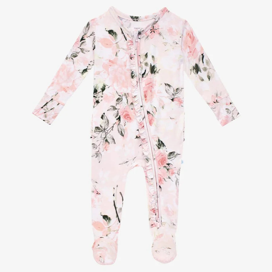 Footie Ruffled Zippered One Piece - Vintage Pink Rose