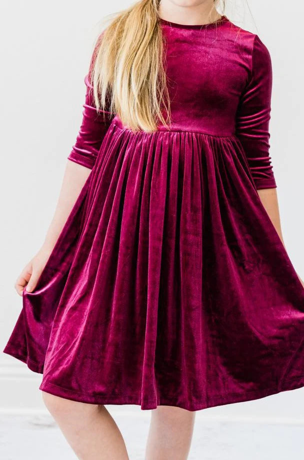 VELVET TWIRL DRESS - CRANBERRY