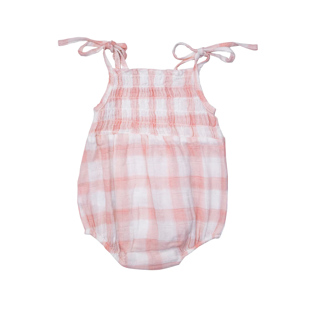 Tie Strap Smocked Bubble - Pink Painted Gingham