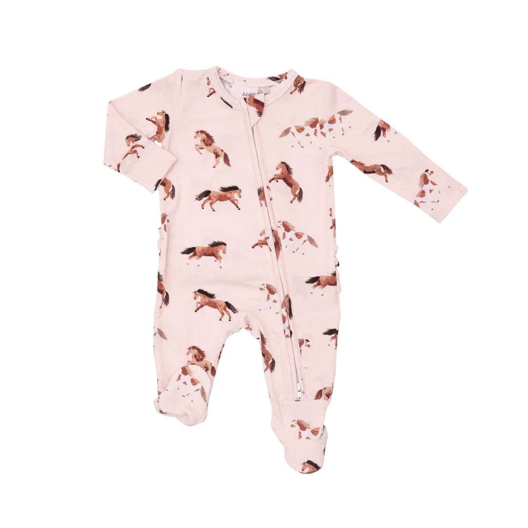 2 Way Ruffle Zipper Footie - Pink Horses