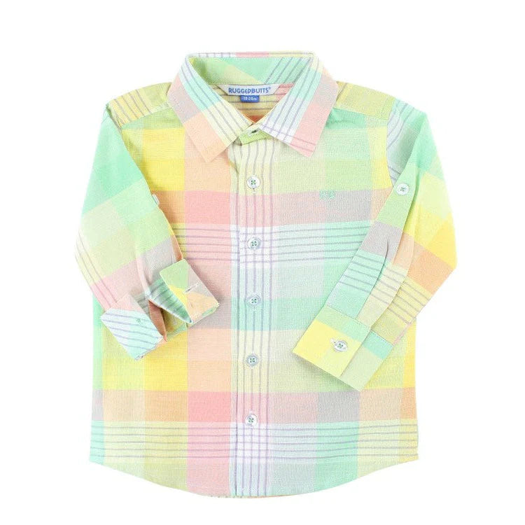 Cheerful Rainbow Plaid Long Sleeve Button Down Shirt