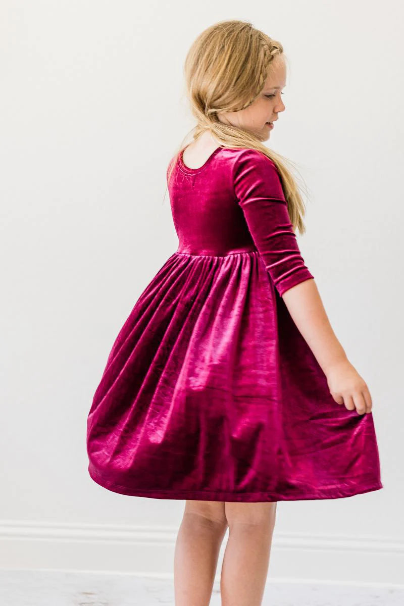 VELVET TWIRL DRESS - CRANBERRY